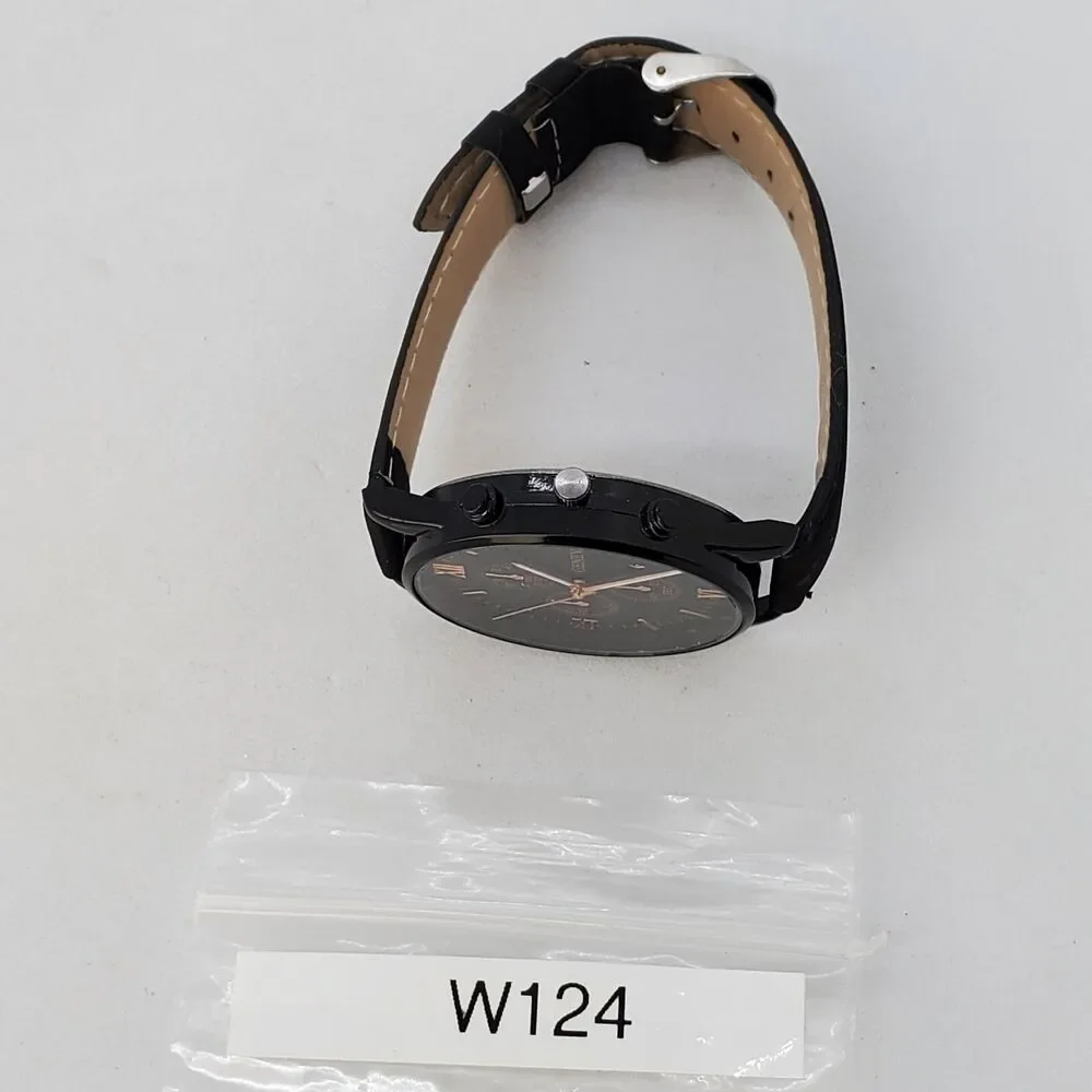Men's Watch 42MM Black Dial Case Date Black Leather‎ Bands Analog Watch